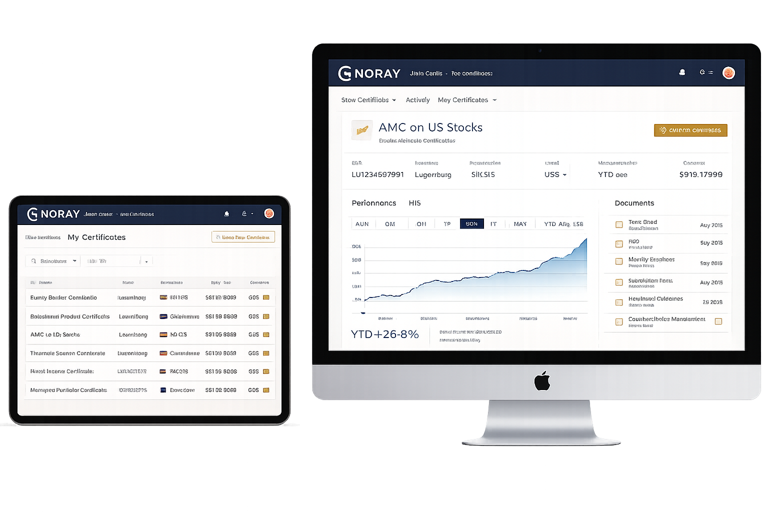 Noray AMC issuance platform dashboard showing certificate management on multiple devices